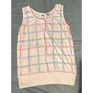 Maxwell Vintage Sleeveless Knit Top White Floral Grid Pink Trim Size M